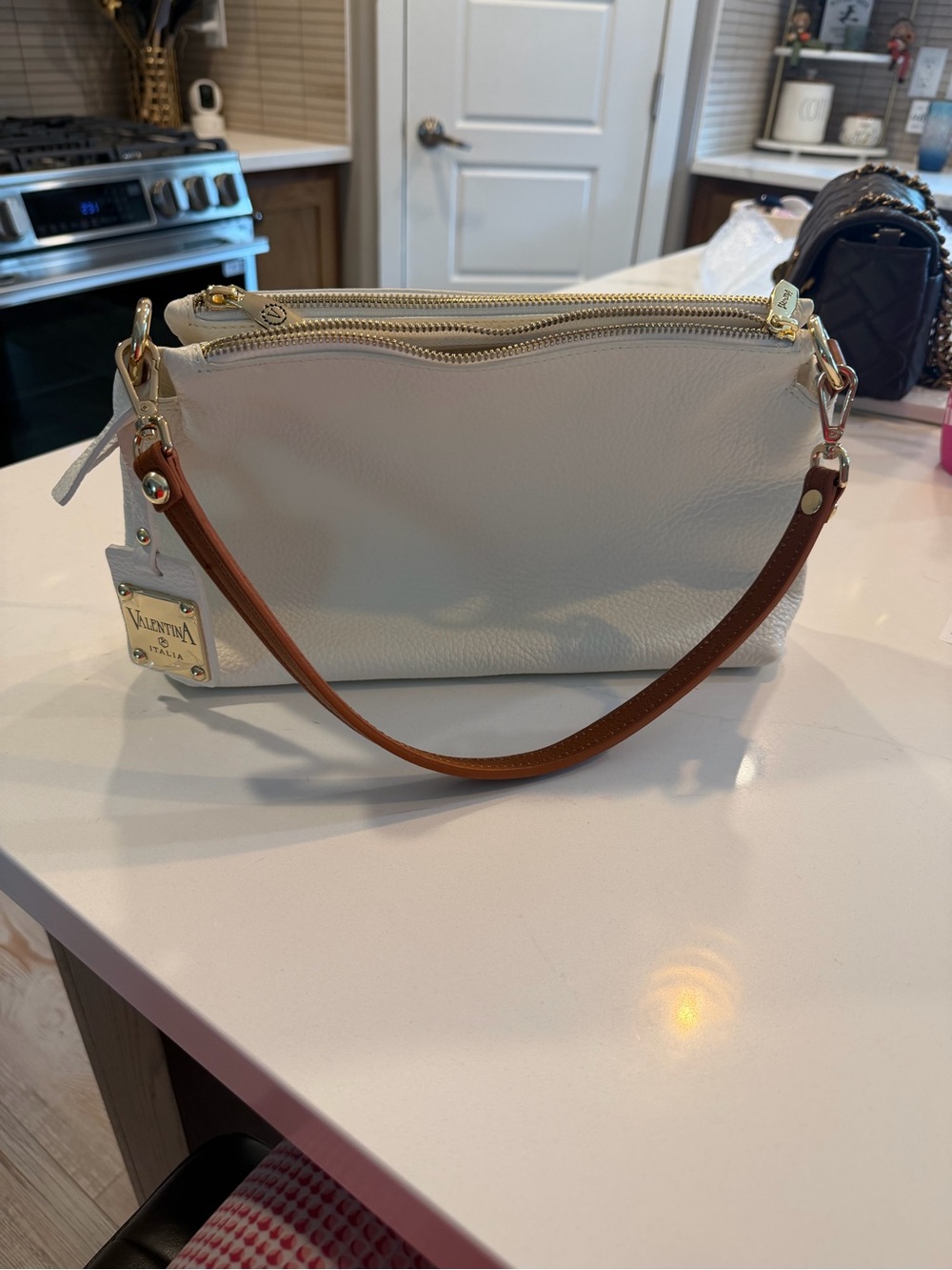 Valentina Cream Leather Shoulder Bag with Brown Strap NWOT 11 x 7